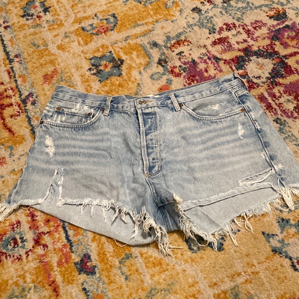 Women’s Agolde Light Blue Distressed Raw Hem Jean Shorts Sz 32 or 14